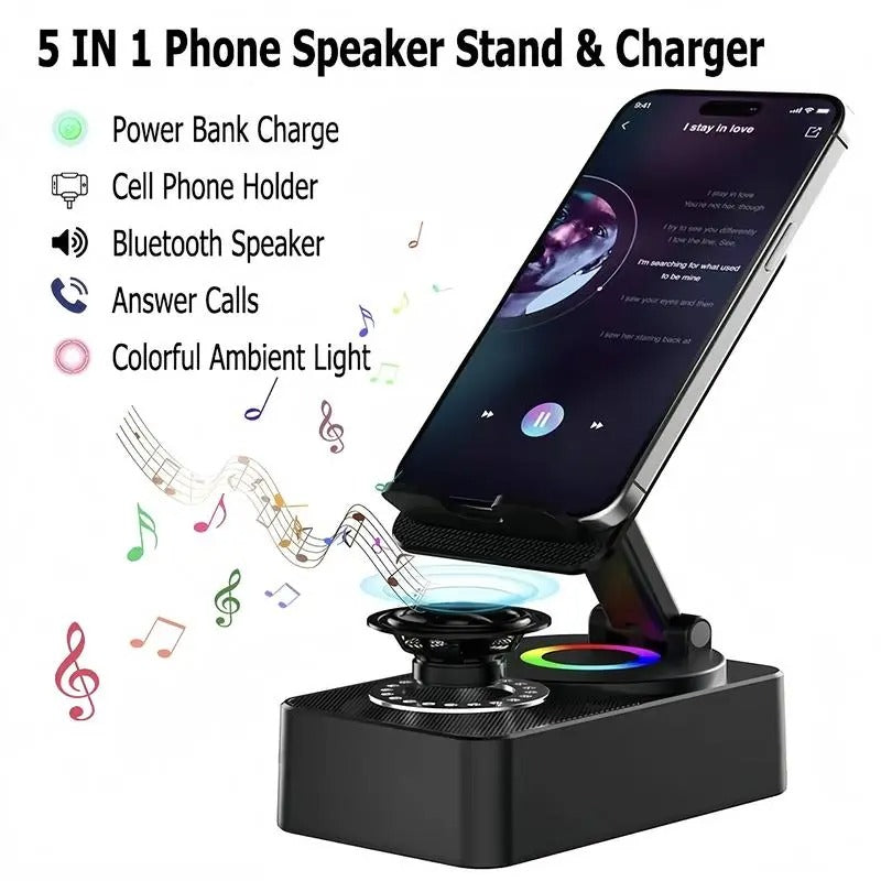 Portable Desk Speaker and Foldable Phone Stand, 5 in 1 Wireless Bluetooth Hub with Colorful LED Light for Iphone, Android and Tablets