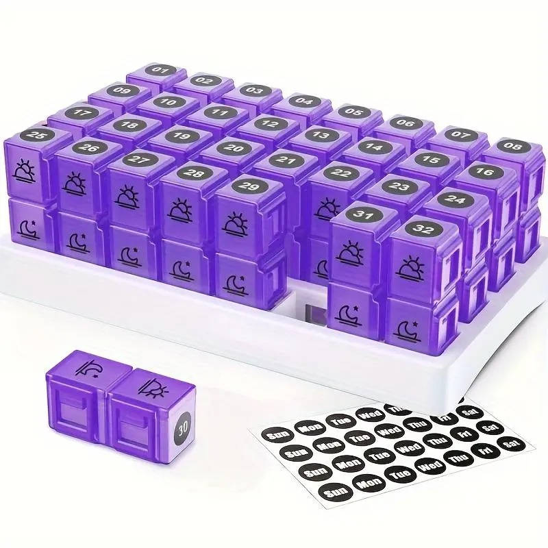 Monthly Pill Organizer 2 Times a Day, 31 Day Am/Pm Pill Box Set with Stickers and Large Storage Case, Twice a Day Medication Planner