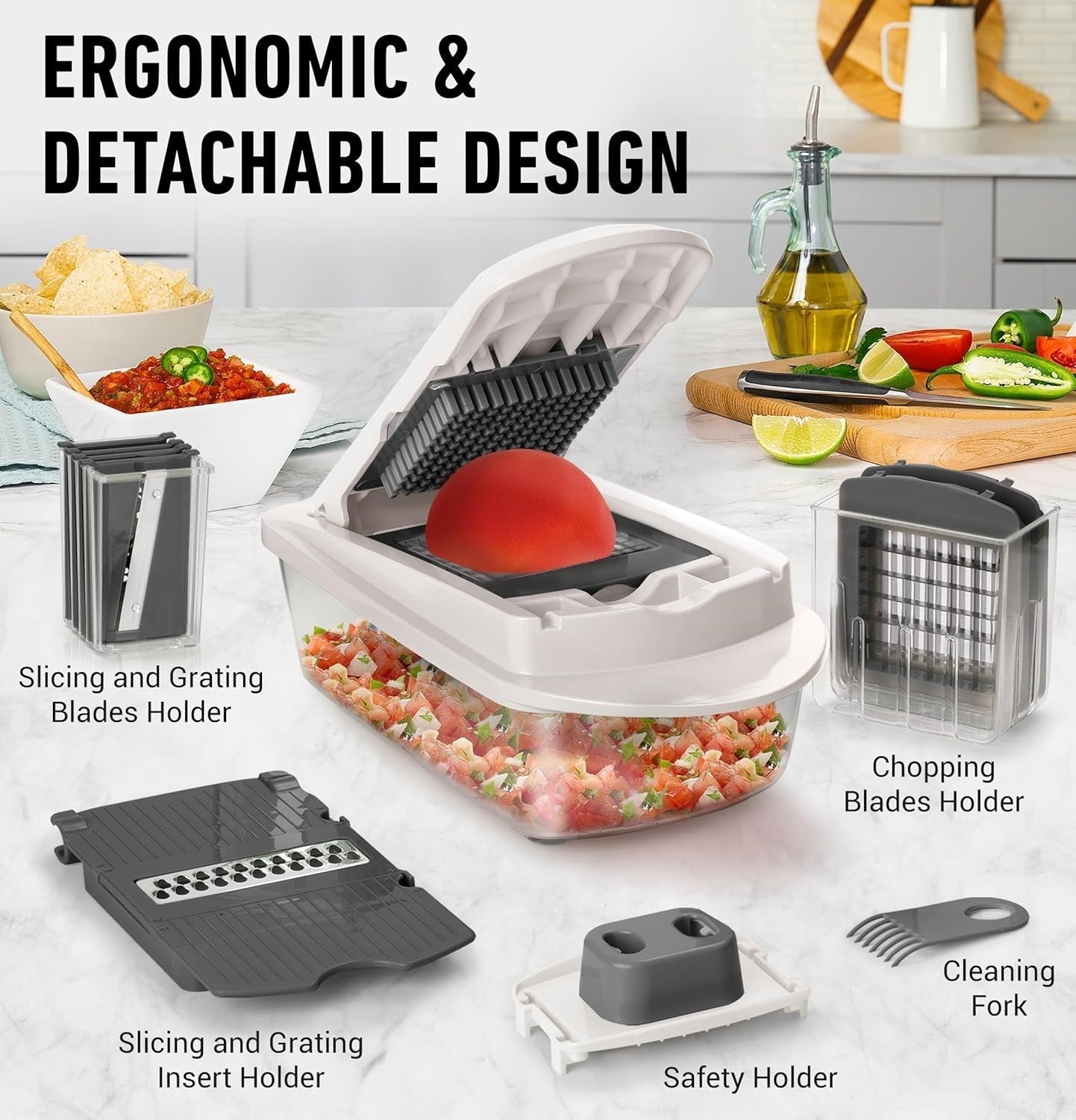 Vegetable Slicer with Eight Interchangeable Blades and Built-in Collection Container