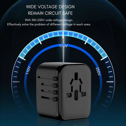 Universal Travel Adapter with Four Plug Types and Smart Charging, 100-240V