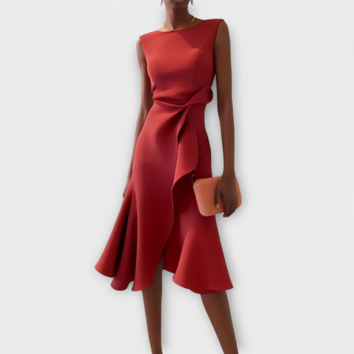 Asymmetric Midi Dress with Draped Hem and Sleeveless Cut, Lightweight Knit