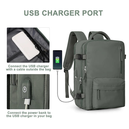 Womens 35L Travel Backpack with USB Charging Port and Laptop Compartment, Shoe and Wet Storage