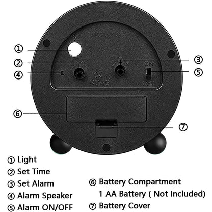 Compact Analog Alarm Clock with Silent Second Hand and Yellow Night Light