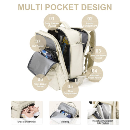 Womens 35L Travel Backpack with USB Charging Port and Laptop Compartment, Shoe and Wet Storage