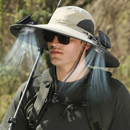Outdoor Wide Brim Sun Hat with 2 Solar Fans, UV Protection for Men and Women, Cooling Hat for Camping and Hiking