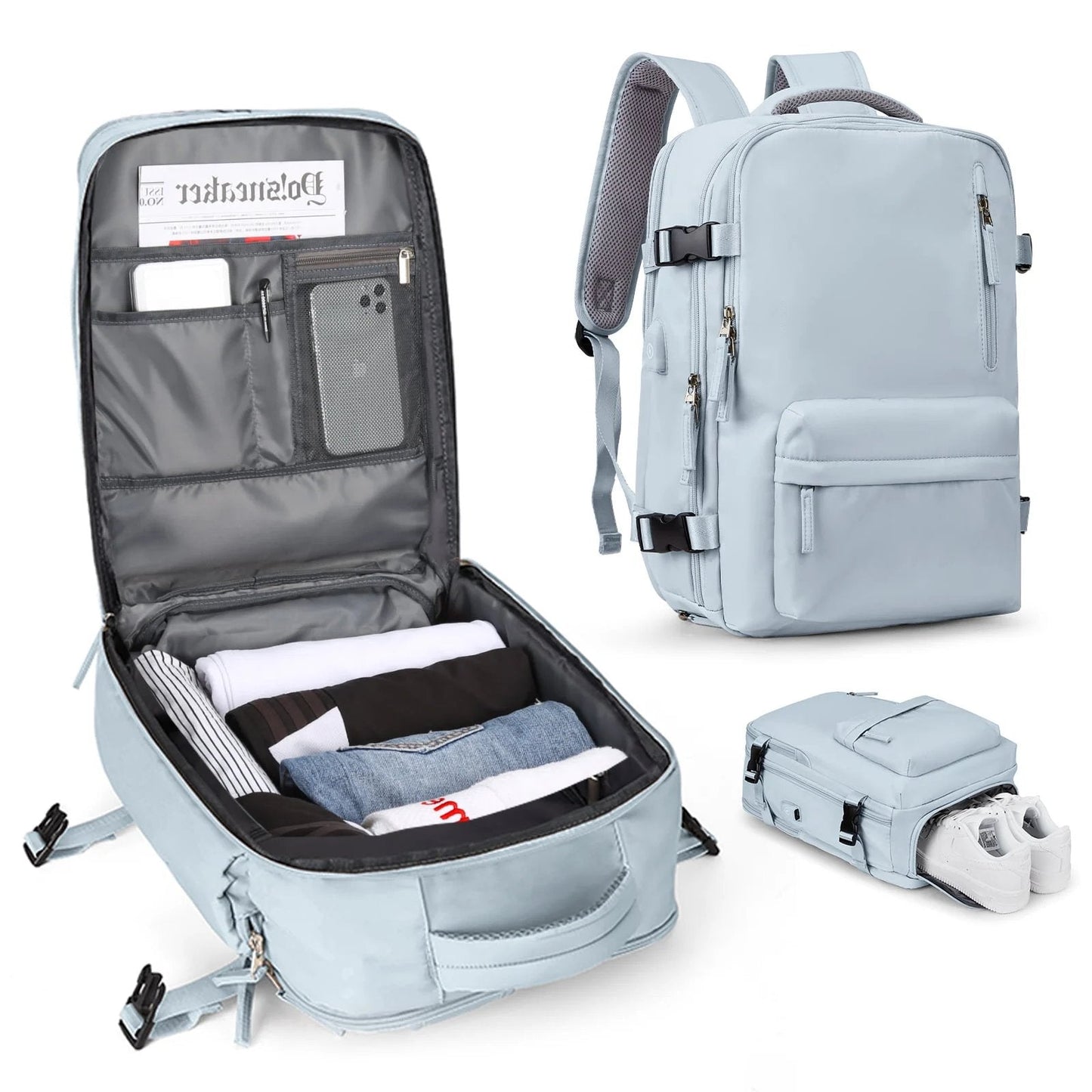 Womens 35L Travel Backpack with USB Charging Port and Laptop Compartment, Shoe and Wet Storage