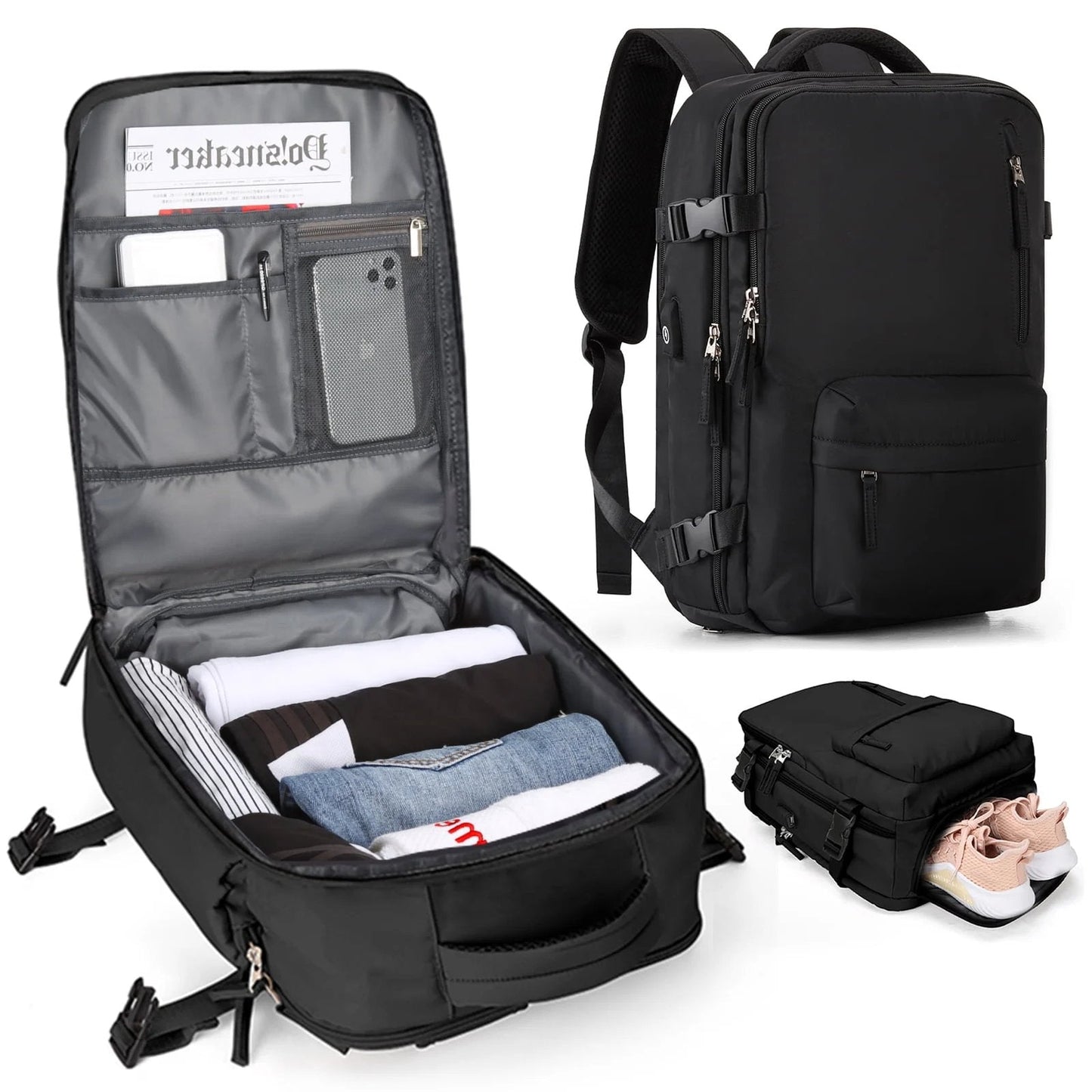 Womens 35L Travel Backpack with USB Charging Port and Laptop Compartment, Shoe and Wet Storage