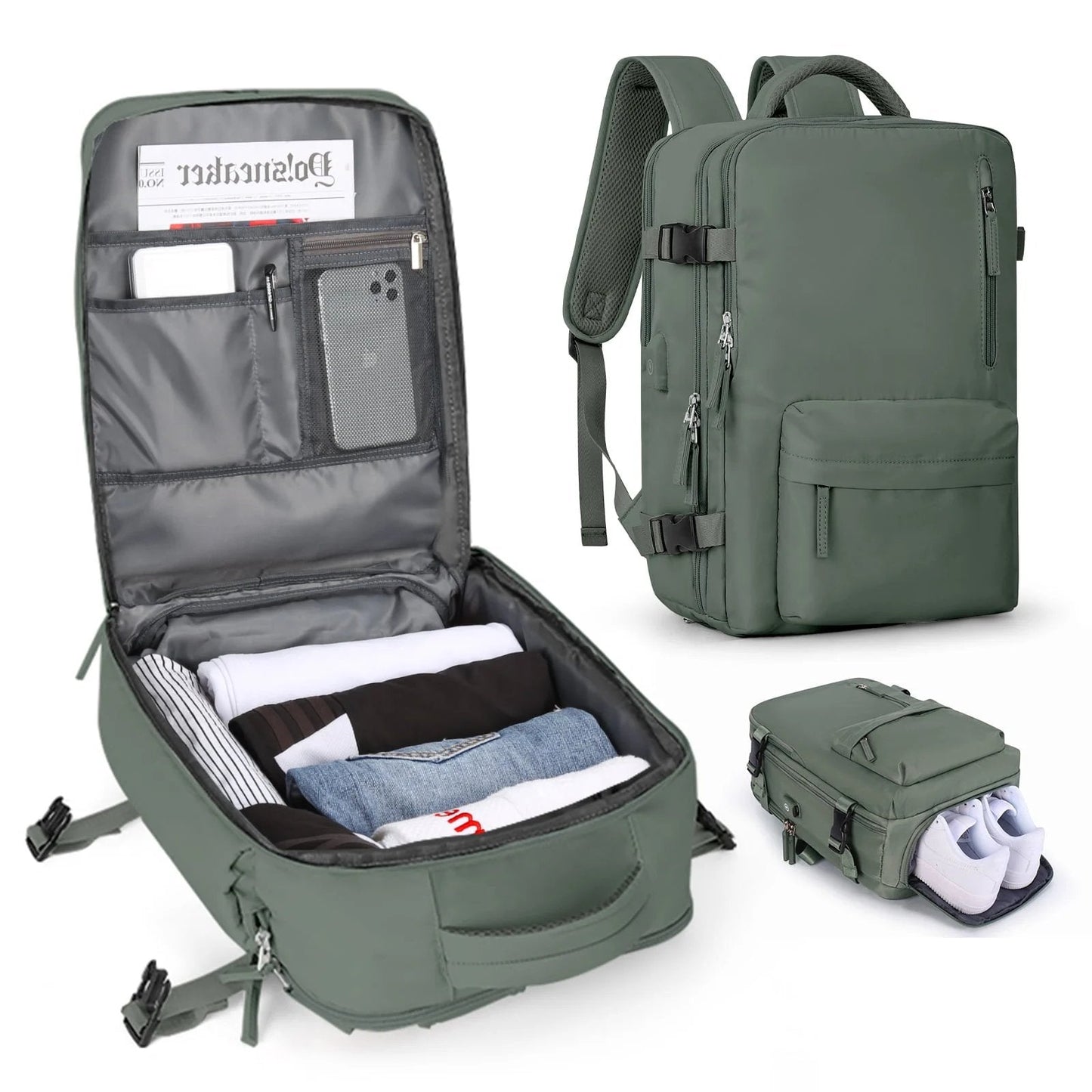 Womens 35L Travel Backpack with USB Charging Port and Laptop Compartment, Shoe and Wet Storage