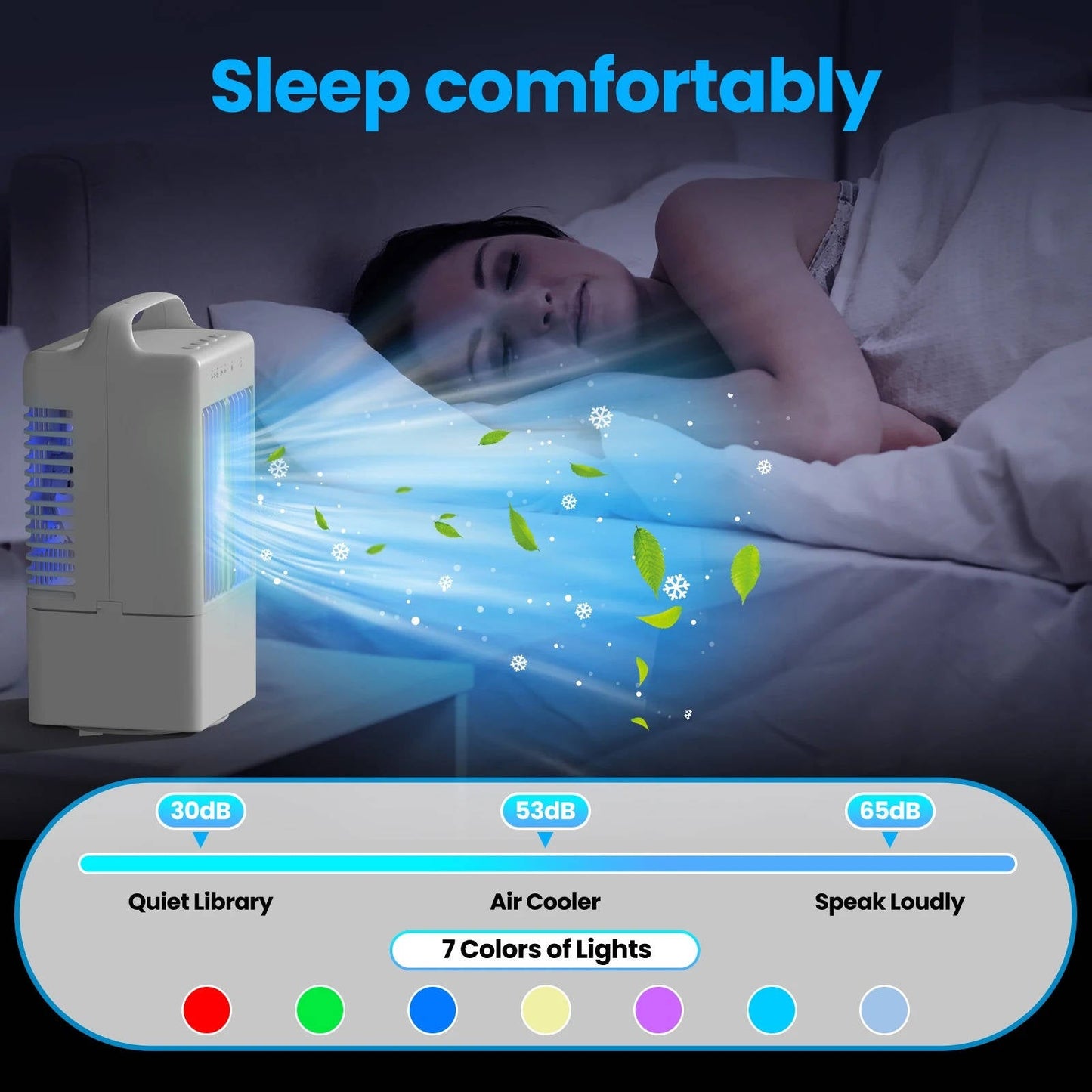 Personal USB Air Cooling Fan, Mini Desktop AC Unit with Colorful Ambient Light, 4 Wind Speeds and Intelligent Timer