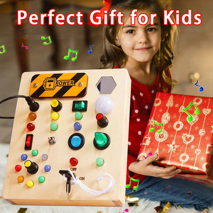 Busy Board Toy with LED Lights Wooden Activity Board for Toddlers Ages 3+