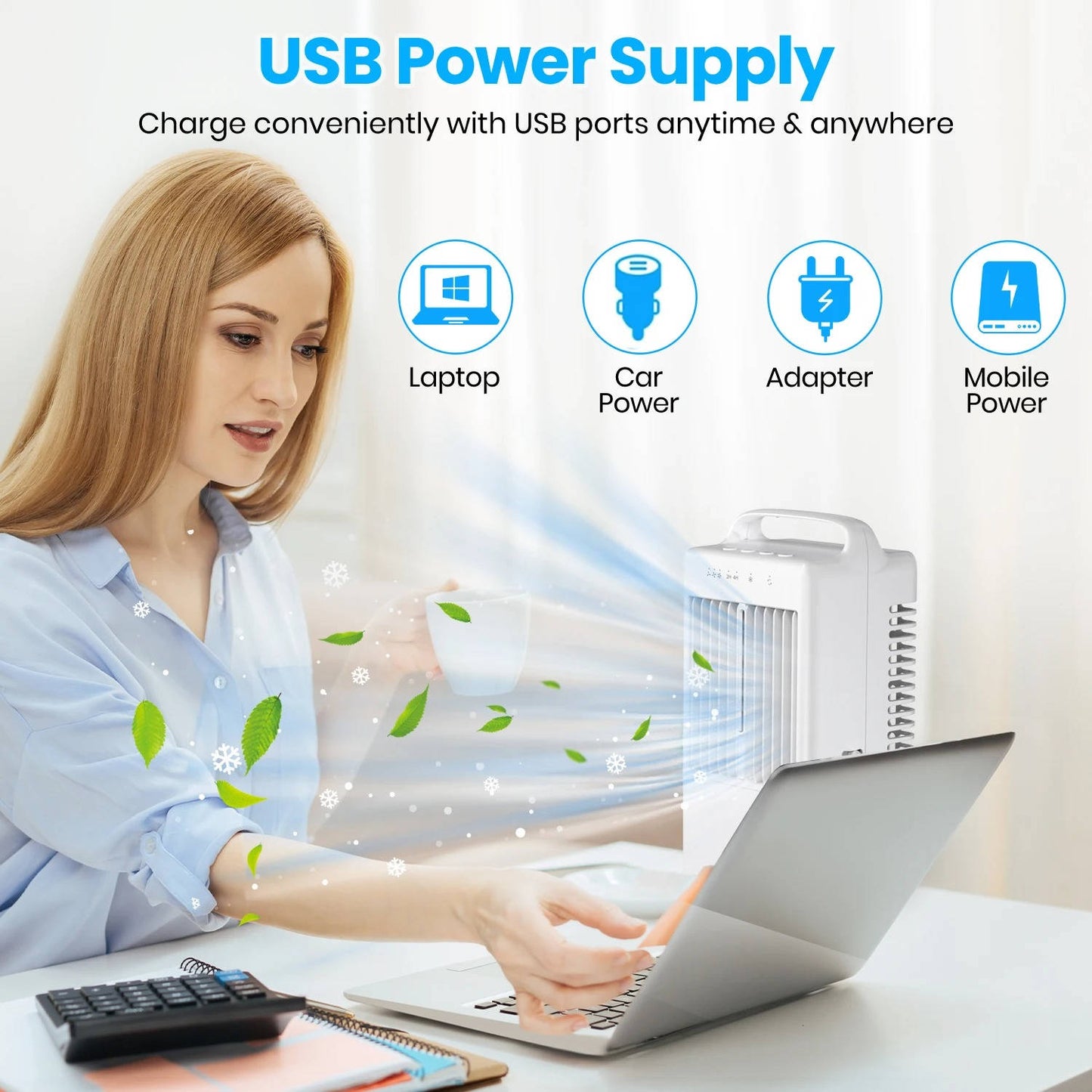 Personal USB Air Cooling Fan, Mini Desktop AC Unit with Colorful Ambient Light, 4 Wind Speeds and Intelligent Timer