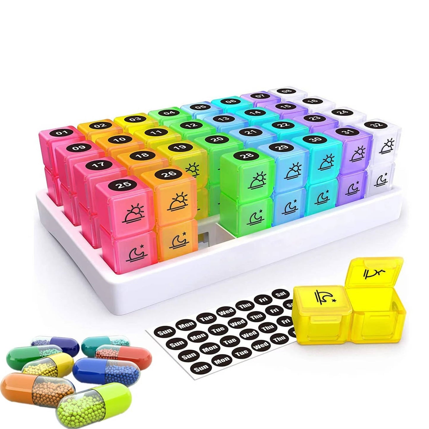 Monthly Pill Organizer 2 Times a Day, 31 Day Am/Pm Pill Box Set with Stickers and Large Storage Case, Twice a Day Medication Planner