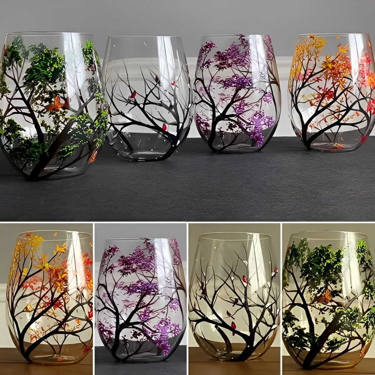 Art Wine Glasses Hand Painted Four Seasons of Tree Design