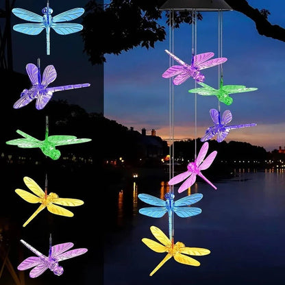 Wind Chimes with Solar Power Collection and Internal Rechargeable Battery and Metallic Resonating Tubes and Decorative Hang Hook