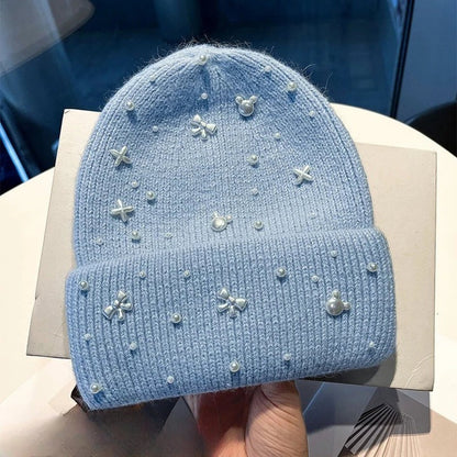 Elegant Pearl Accent Knit Beanie Winter Hat and Stylish Embellished Skull Cap