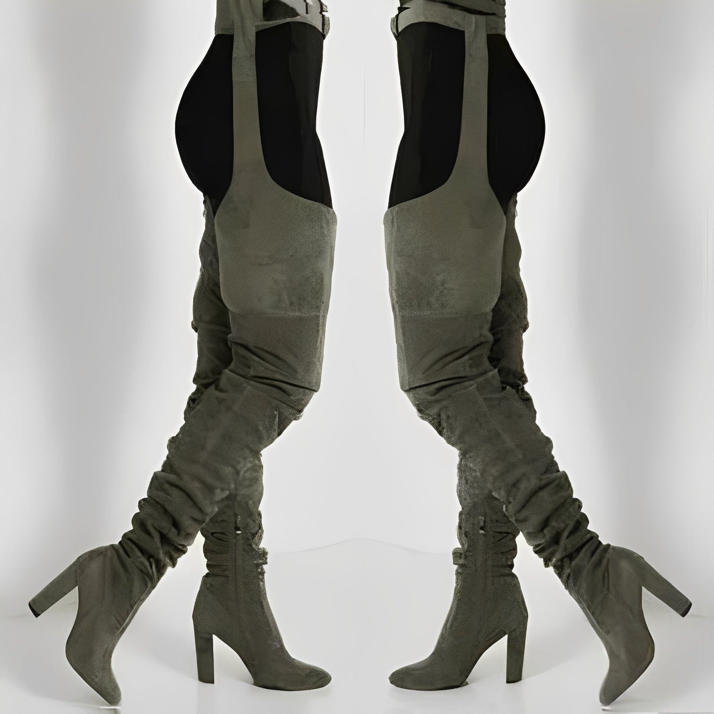 Faux Suede Thigh High Waist Belt Chunky High Heel Slouch Boots for Women and Over The Knee Waist Belted Boots
