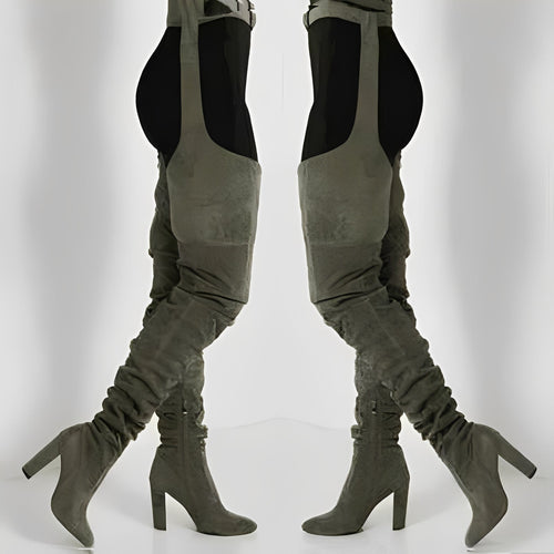 Faux Suede Thigh High Waist Belt Chunky High Heel Slouch Boots for Women and Over The Knee Waist Belted Boots