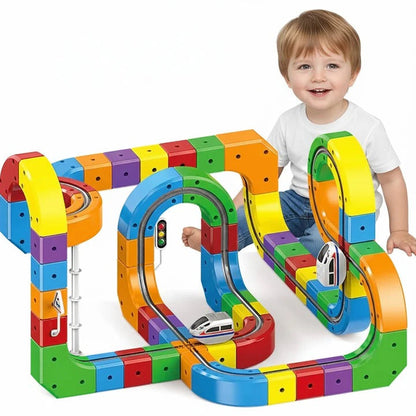 Magnetic Train Track Toy with Interlocking Rails and Creative Locomotive Pathing