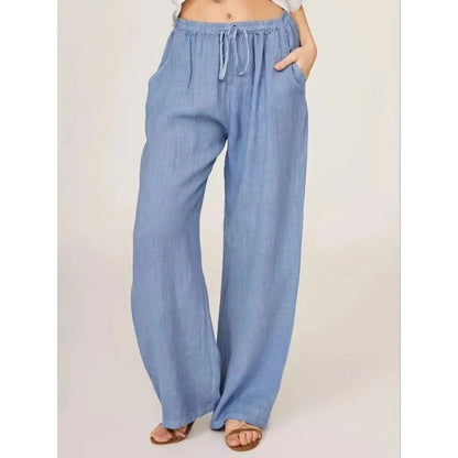 Womens Casual Linen Blend Wide Leg Pants with Drawstring Waist and Side Pockets