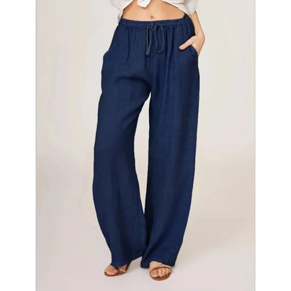 Womens Casual Linen Blend Wide Leg Pants with Drawstring Waist and Side Pockets