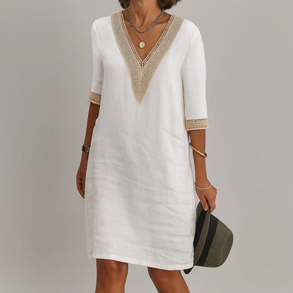 Womens Relaxed Fit Linen Knee Length Dress with Functional Pockets