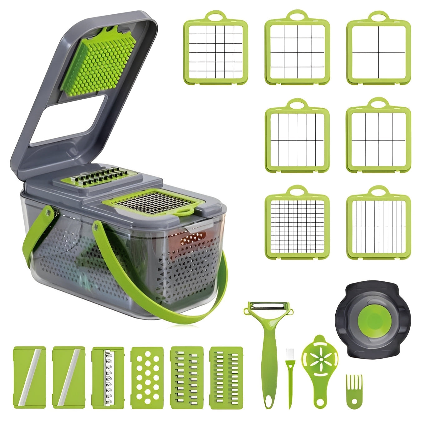Multi Function Vegetable Slicer with Storage Container and Safety Grip