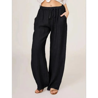 Womens Casual Linen Blend Wide Leg Pants with Drawstring Waist and Side Pockets