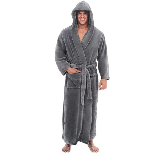 Plush Fleece Mens Bathrobe with Hood and Pockets