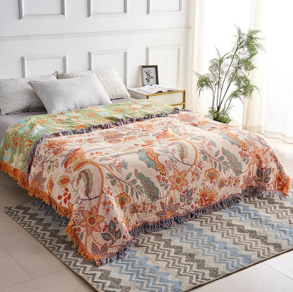 Cotton Floral Blanket with Boho Pattern