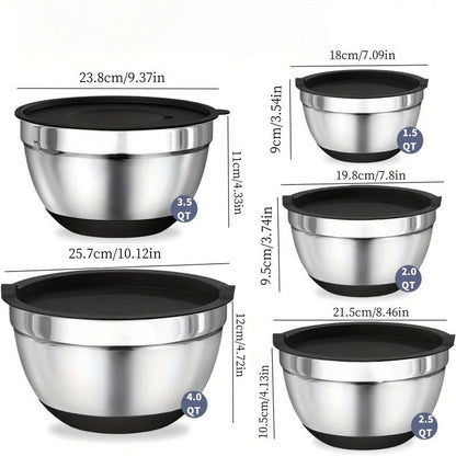 8 Piece Stainless Steel Baking Bowl Set with Sealed Lids and Rubberized Non-Slip Base