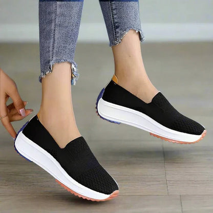 Womens Textured Knit Slip-On Sneakers with Colorblock Platform Sole