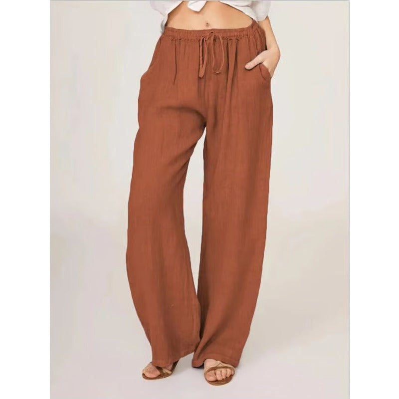 Womens Casual Linen Blend Wide Leg Pants with Drawstring Waist and Side Pockets