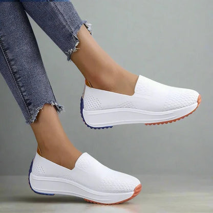 Womens Textured Knit Slip-On Sneakers with Colorblock Platform Sole