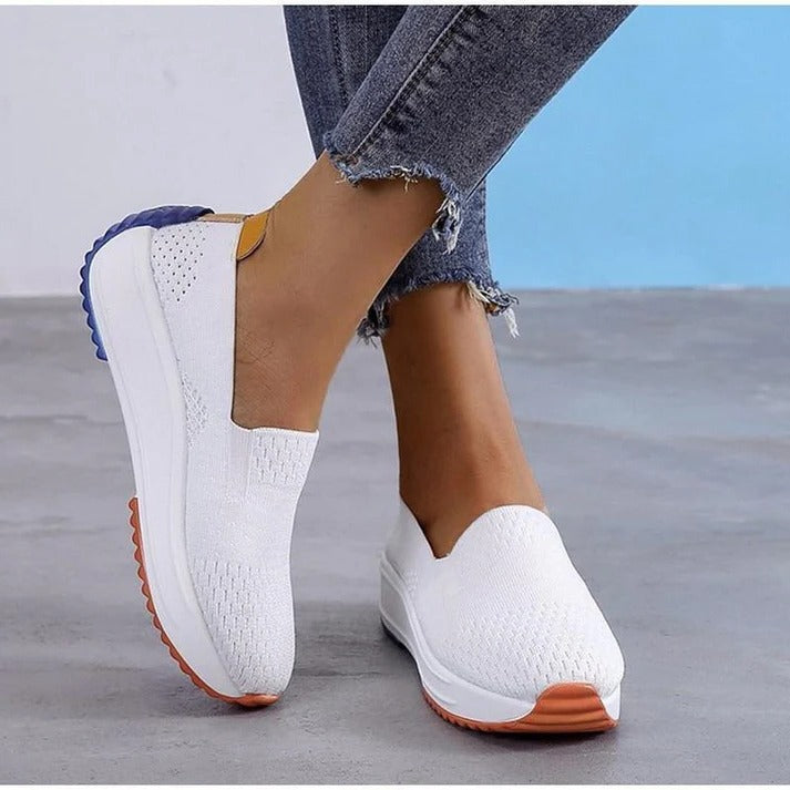 Womens Textured Knit Slip-On Sneakers with Colorblock Platform Sole