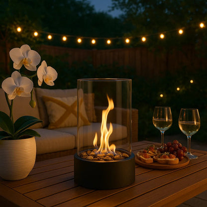 Glass and Metal Tabletop Fireplace for Indoor Ambiance