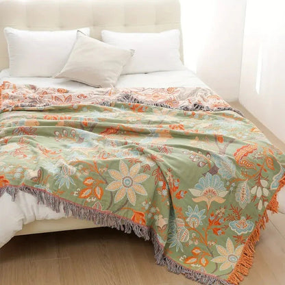 Cotton Floral Blanket with Boho Pattern