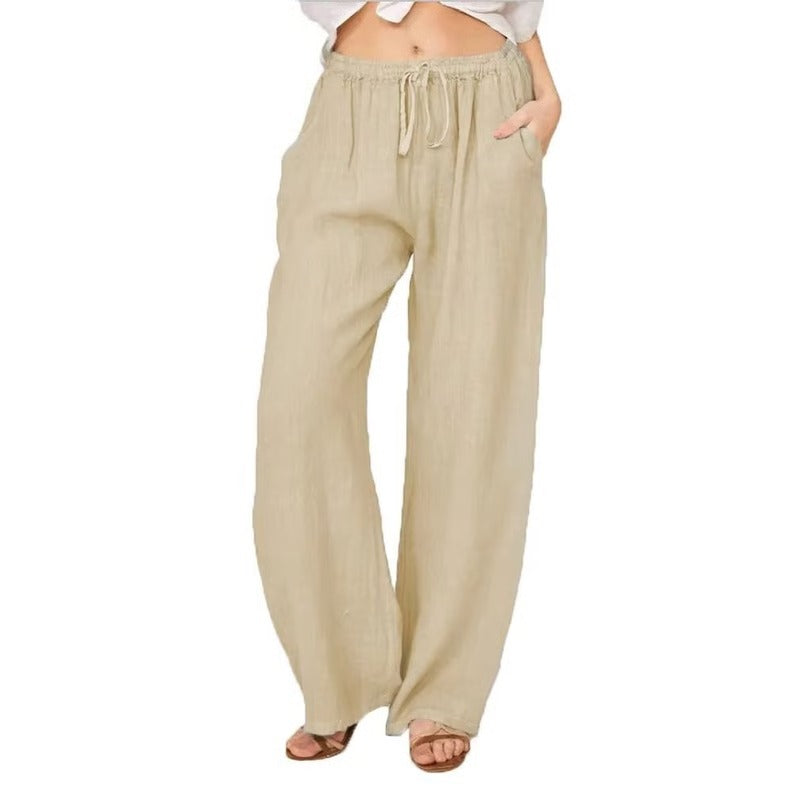 Womens Casual Linen Blend Wide Leg Pants with Drawstring Waist and Side Pockets