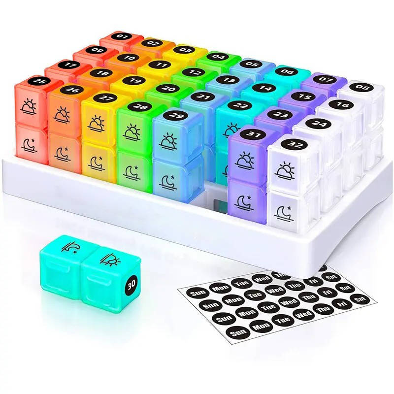 Monthly Pill Organizer 2 Times a Day, 31 Day Am/Pm Pill Box Set with Stickers and Large Storage Case, Twice a Day Medication Planner