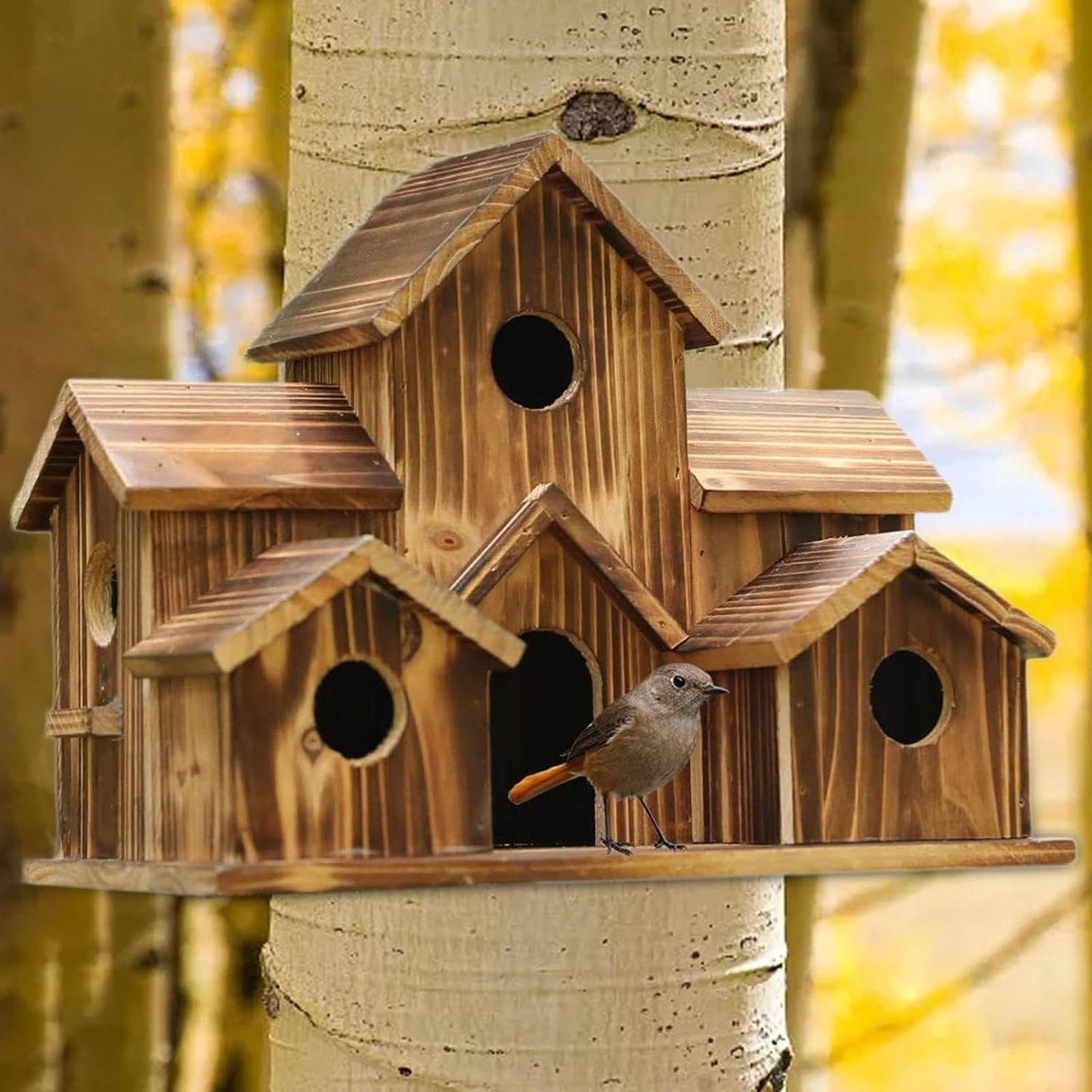 Natural Wooden Bird House, Hanging Bird Feeder Villa for Outdoor Garden and Yard, Decorative Wild Bird Nest