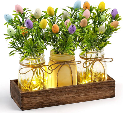 Easter Centerpiece Table Decorations with Wood Tray and LED Lights, Dining Room and Kitchen Table Runner Decor