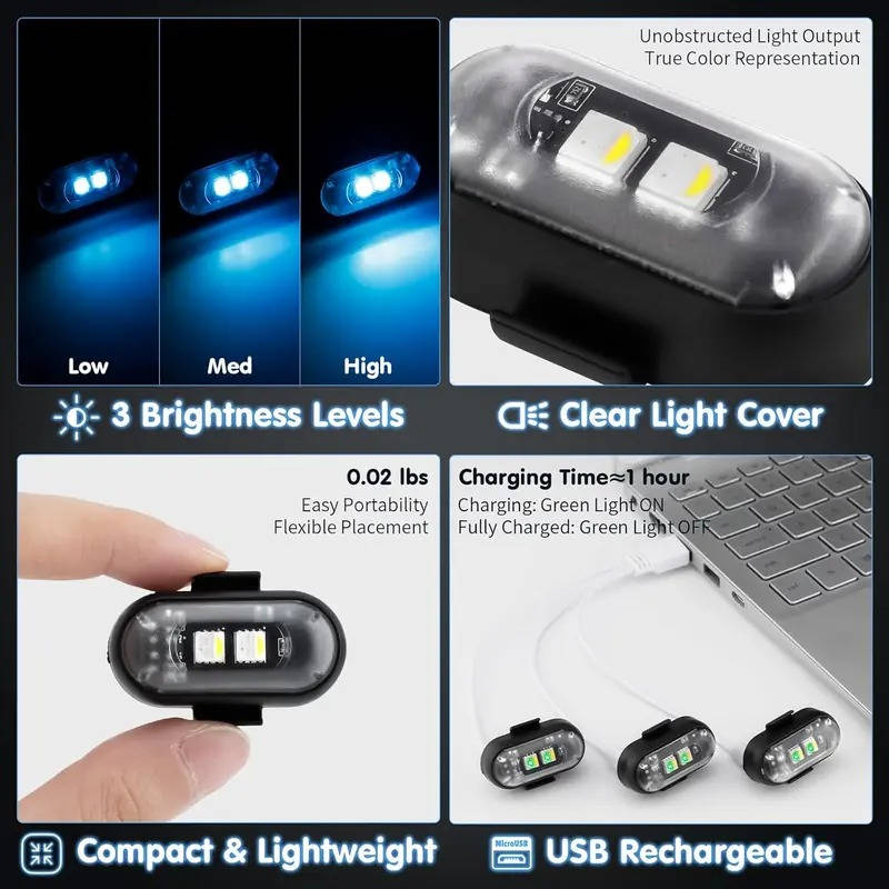RGB LED Strobe Light Wireless With Remote, Aircraft Style Warning Light for Motorcycle, Car, Bike, Rechargeable, 8 Colors, Anti Collision