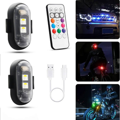 RGB LED Strobe Light Wireless With Remote, Aircraft Style Warning Light for Motorcycle, Car, Bike, Rechargeable, 8 Colors, Anti Collision
