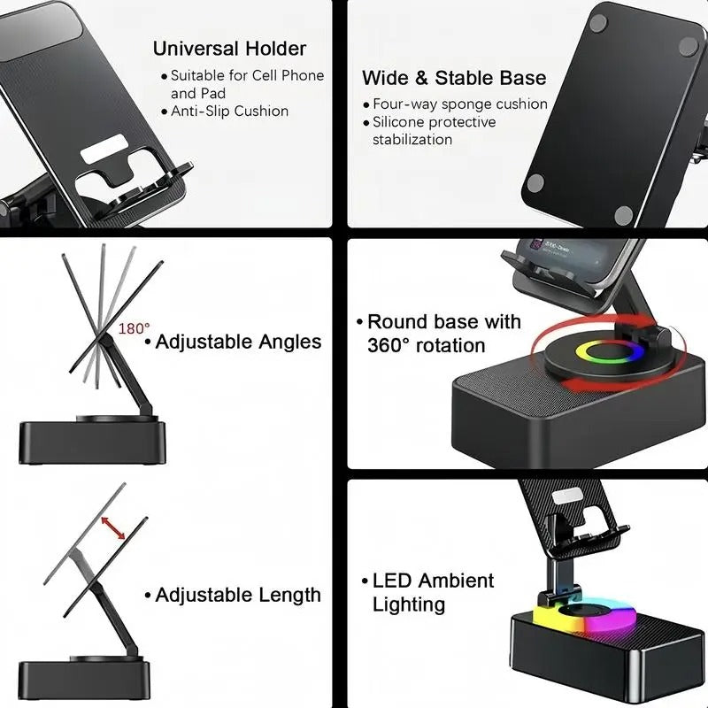 Portable Desk Speaker and Foldable Phone Stand, 5 in 1 Wireless Bluetooth Hub with Colorful LED Light for Iphone, Android and Tablets