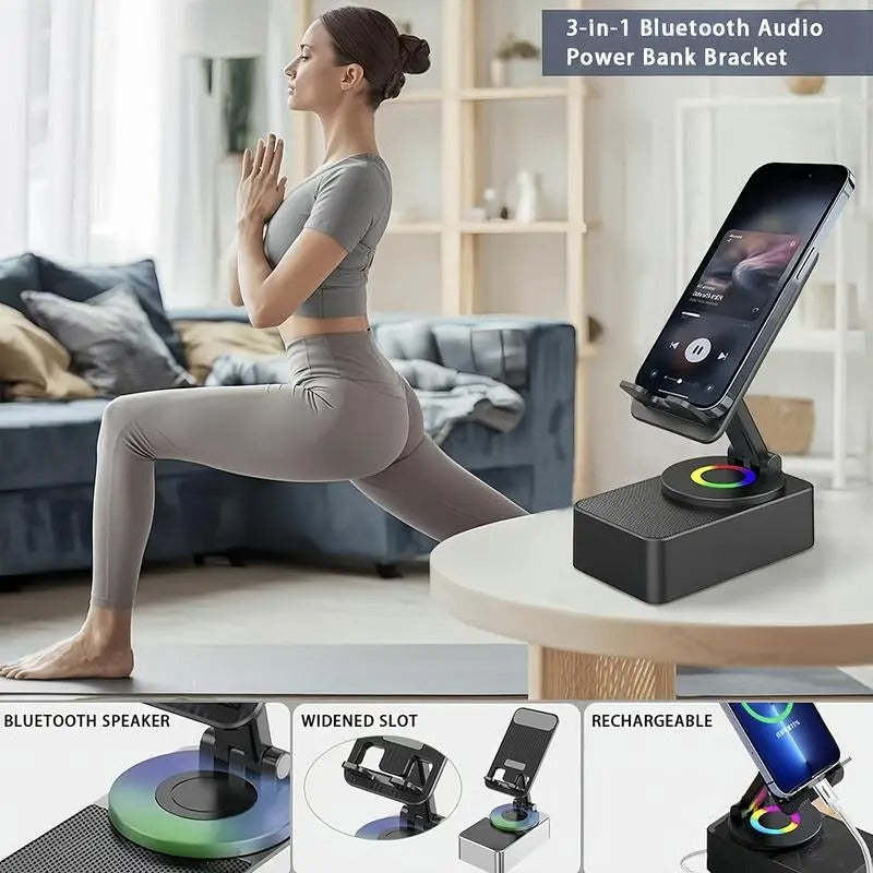 Portable Desk Speaker and Foldable Phone Stand, 5 in 1 Wireless Bluetooth Hub with Colorful LED Light for Iphone, Android and Tablets