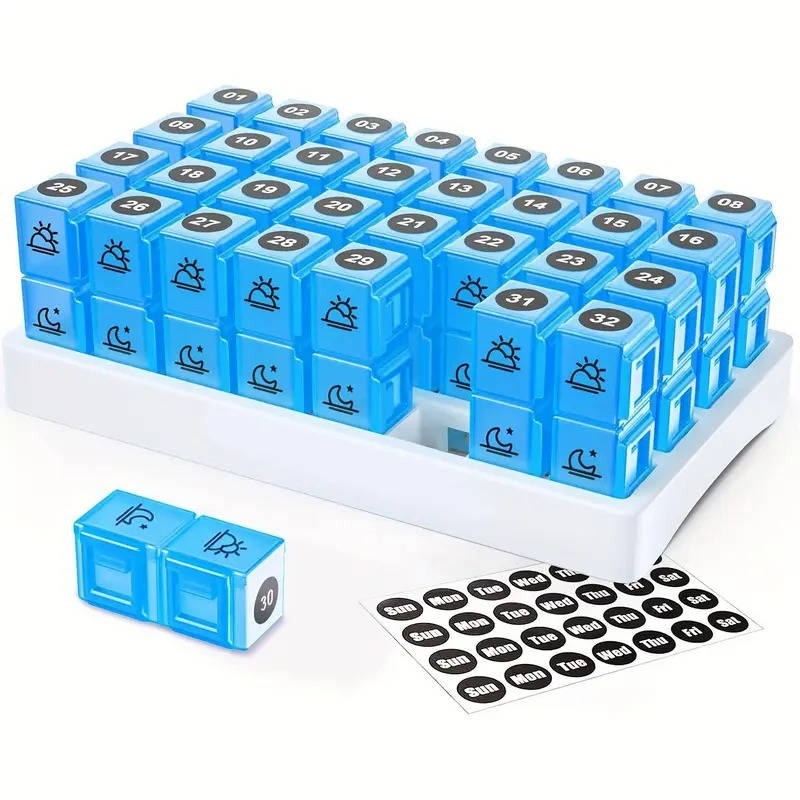 Monthly Pill Organizer 2 Times a Day, 31 Day Am/Pm Pill Box Set with Stickers and Large Storage Case, Twice a Day Medication Planner