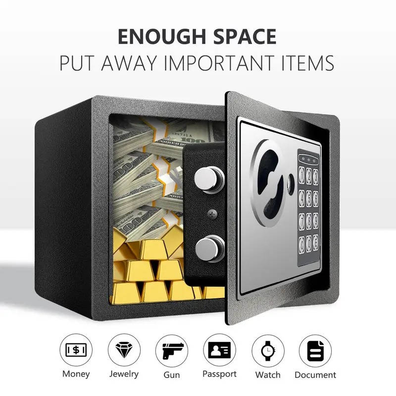 Fireproof Home Security Safe Box with Digital Keypad, Small Money Safe with Internal Sensor Light, Emergency Keys and Fireproof Bag