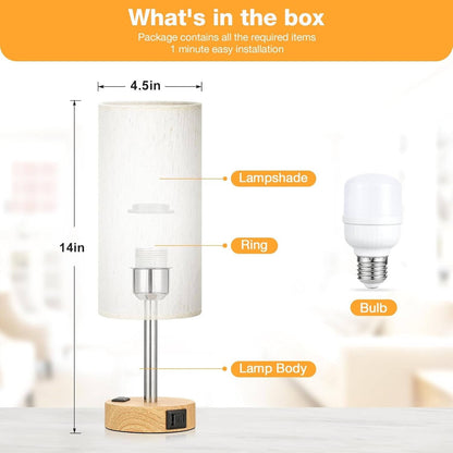 Bedside Table Lamp for Bedroom with Wood Base, USB C Charging Ports and AC Outlet