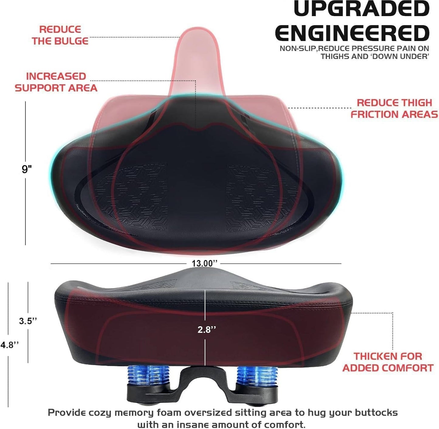 Noseless Bike Seat Cushion Wide Comfort Saddle, Extra Padded Bicycle Seat for Peloton Exercise Electric Cruiser Bikes Men Women