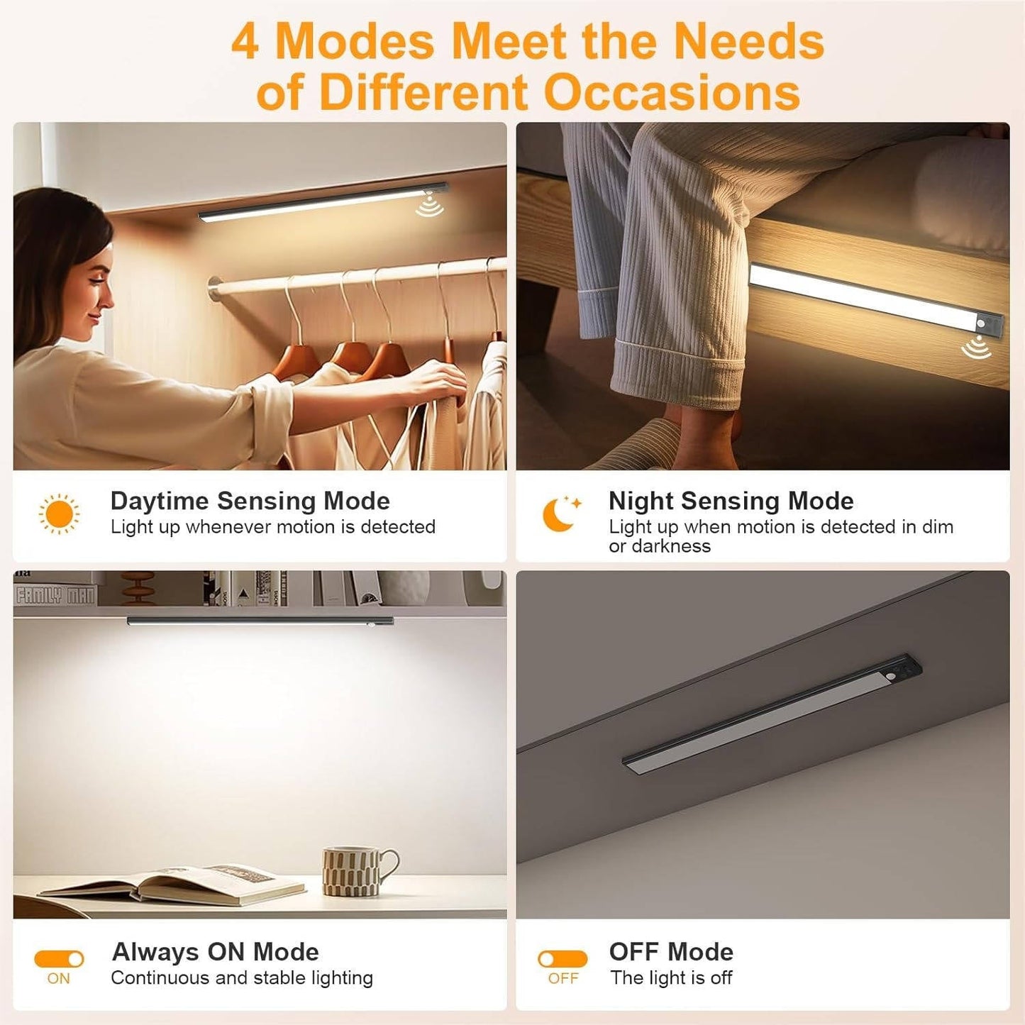 Motion Sensor Under Cabinet Lights, Rechargeable Magnetic Closet Lighting, 3 Colors, 2 Pack
