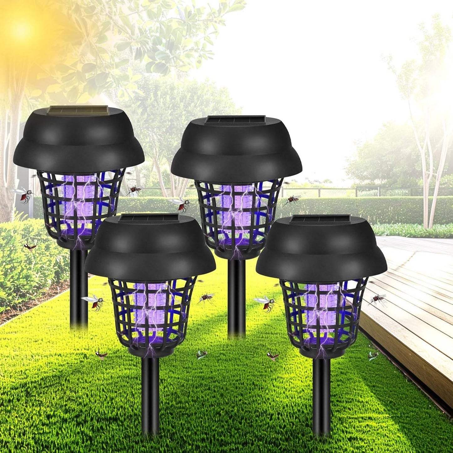 4 Pack Solar Bug Zapper and Mosquito Trap Lamp for Patios, Backyards and Outdoor Comfort, Gnats, Flies, Insects